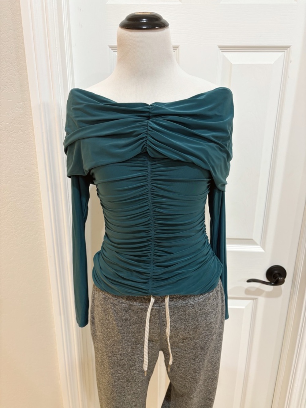 Naked Wardrobe Ruched Smooth Off the Shoulder Long Sleeve Top Teal Size M